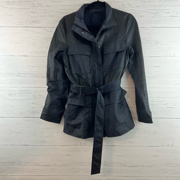 Theory Navy and Black Lamb Leather Cotton Overcoat Size L